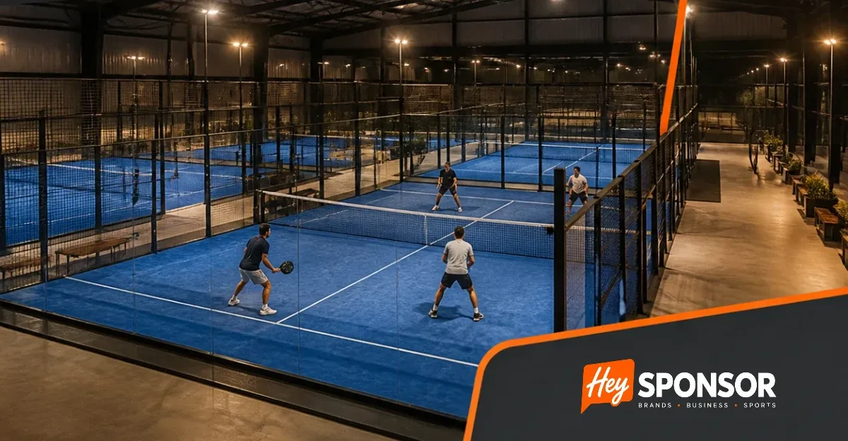 Symbolbild einer Indoor-Padelhalle mit mehreren Courts bei Abendbeleuchtung